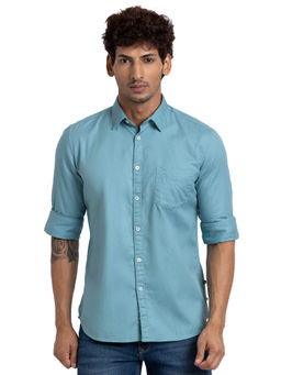 Parx - Slim Fit Casual Shirt Full Sleeves Collar Neck Solid Blue