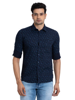 Parx - Slim Fit Casual Shirt Full Sleeves Collar Neck Floral Navy Blue