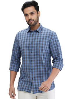 Parx - Slim Fit Casual Shirt Full Sleeves Collar Neck Checks Blue