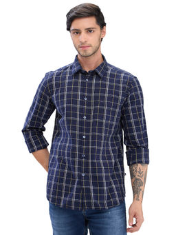 Parx - Slim Fit Casual Shirt Full Sleeves Collar Neck Checks Navy Blue