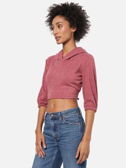 Campus Sutra - Cotton Solid Peach Regular Fit Cropped Hoodie Sweatshirt