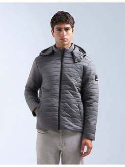 Flying Machine - Grey Hooded Full Sleeves Puffer
