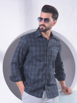 CRIMSOUNE CLUB - Men Collar Neck Blue Checked Shirt