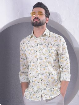 CRIMSOUNE CLUB - Men Floral Print Linen Beige Shirt