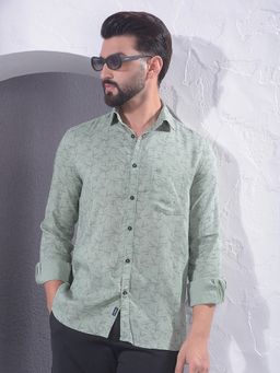 CRIMSOUNE CLUB - Green Men Floral Print Linen Shirt