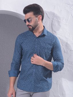 CRIMSOUNE CLUB - Men Blue Floral Print Shirt