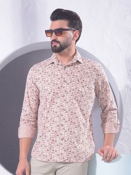 CRIMSOUNE CLUB - Men Peach Floral Print Linen Shirt