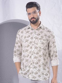 CRIMSOUNE CLUB - Beige Men Floral Print Linen Shirt