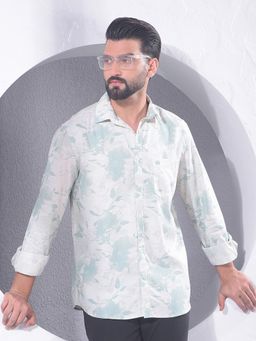 CRIMSOUNE CLUB - Men Green Floral Print Linen Shirt
