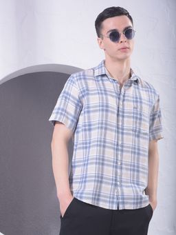 CRIMSOUNE CLUB - Men Blue Checked Linen Shirt