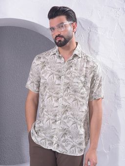 CRIMSOUNE CLUB - Men Grey Floral Print Linen Shirt