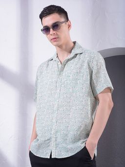 CRIMSOUNE CLUB - Men Floral Print Linen Green Shirt