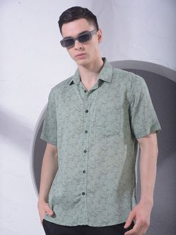 CRIMSOUNE CLUB - Men Floral Print Green Linen Shirt