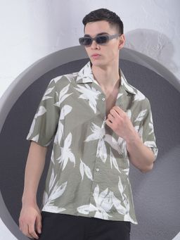 CRIMSOUNE CLUB - Men Green Floral Print Resort-Collar Shirt