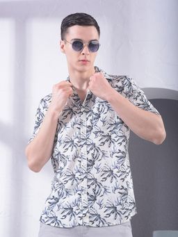 CRIMSOUNE CLUB - Men Blue Floral Print Linen Shirt
