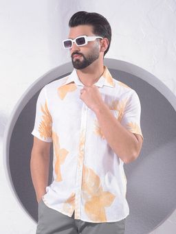 CRIMSOUNE CLUB - Men Floral Print Linen White Shirt