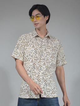 CRIMSOUNE CLUB - Men Beige Printed Linen Shirt