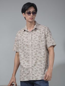 CRIMSOUNE CLUB - Men Floral Print Linen Beige Shirt