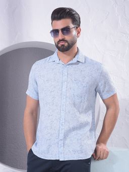CRIMSOUNE CLUB - Men Blue Floral Print Collar Neck Shirt