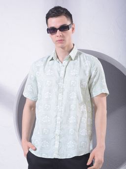 CRIMSOUNE CLUB - Men Green Collar Neck Floral Print Shirt