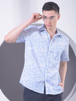 CRIMSOUNE CLUB - Men Blue Floral Print Half Sleeves Shirt