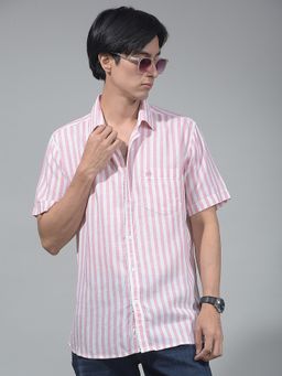 CRIMSOUNE CLUB - Men Peach Vertical Striped Linen Shirt