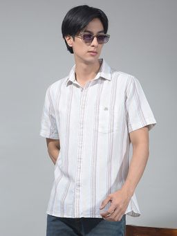 CRIMSOUNE CLUB - Men Beige Vertical Striped Linen Shirt