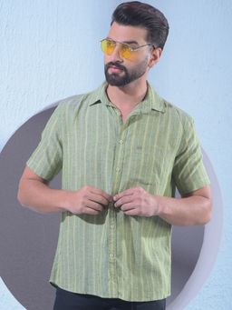 CRIMSOUNE CLUB - Men Vertical Striped Linen Green Shirt
