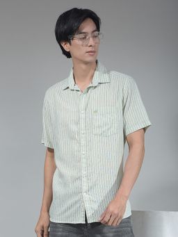 CRIMSOUNE CLUB - Men Green Vertical Striped Linen Shirt