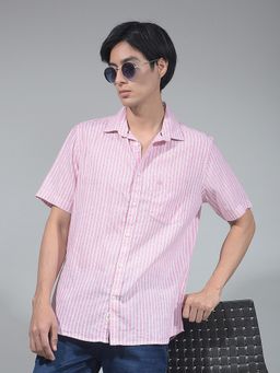 CRIMSOUNE CLUB - Men Pink Vertical Striped Linen Shirt