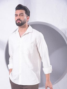CRIMSOUNE CLUB - Men Beige Horizontal Stripes Linen Shirt