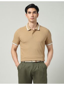 AD By Arvind - Khaki Textured Slim Fit Polo T-Shirt