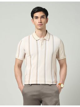 AD By Arvind - Beige Vertical Striped Slim Fit Polo T-Shirt