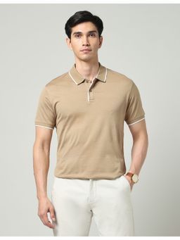 AD By Arvind - Men Khaki Textured Slim Fit Polo T-Shirt