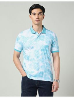 AD By Arvind - Blue Floral Printed Slim Fit Polo T-Shirt