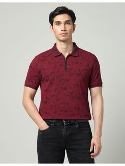 AD By Arvind - Maroon Abstract Printed Slim Fit Polo T-Shirt