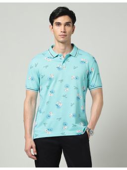 AD By Arvind - Aqua Floral Printed Slim Fit Polo T-Shirt