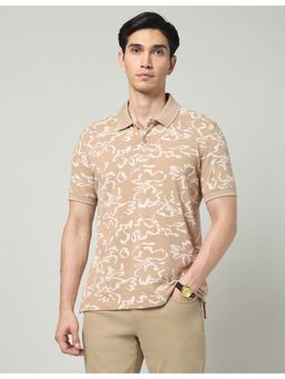 AD By Arvind - Khaki Floral Printed Slim Fit Polo T-Shirt