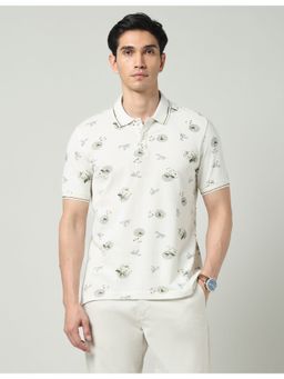 AD By Arvind - White Floral Printed Slim Fit Polo T-Shirt