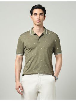 AD By Arvind - Olive Geometric Printed Slim Fit Polo T-Shirt