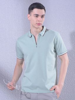 CRIMSOUNE CLUB - Men Green Polo Neck T-Shirt with Zip Closure