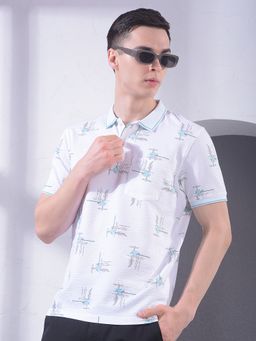 CRIMSOUNE CLUB - Men White Floral Print Polo Neck T-Shirt