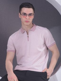 CRIMSOUNE CLUB - Men Pink Printed Polo Neck T-Shirt with Zip Closure