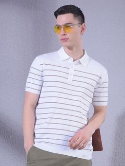 CRIMSOUNE CLUB - Men White Horizontal Stripes Polo Neck T-Shirt