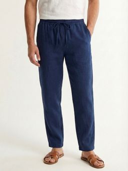 IZF - Men Straight Fit Linen Navy Blue Trouser