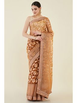 Soch - Women Brown Organza Printed Saree with Unstitched Blouse
