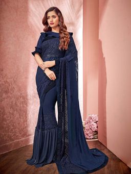 Odette - Blue Lycra Fancy Net Designer Saree with Unstitched Blouse