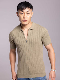 ROOKIES - Beige Half Sleeve Flatknit Polo T-Shirt