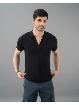 ROOKIES - Jet Black Half Sleeves Flatknit Polo T-Shirt