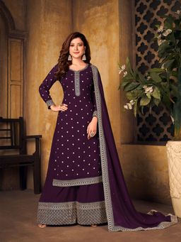 Odette - Purple Colour Georgette Embroidery Thread Work Semi Stitched Suit (Set of 3)